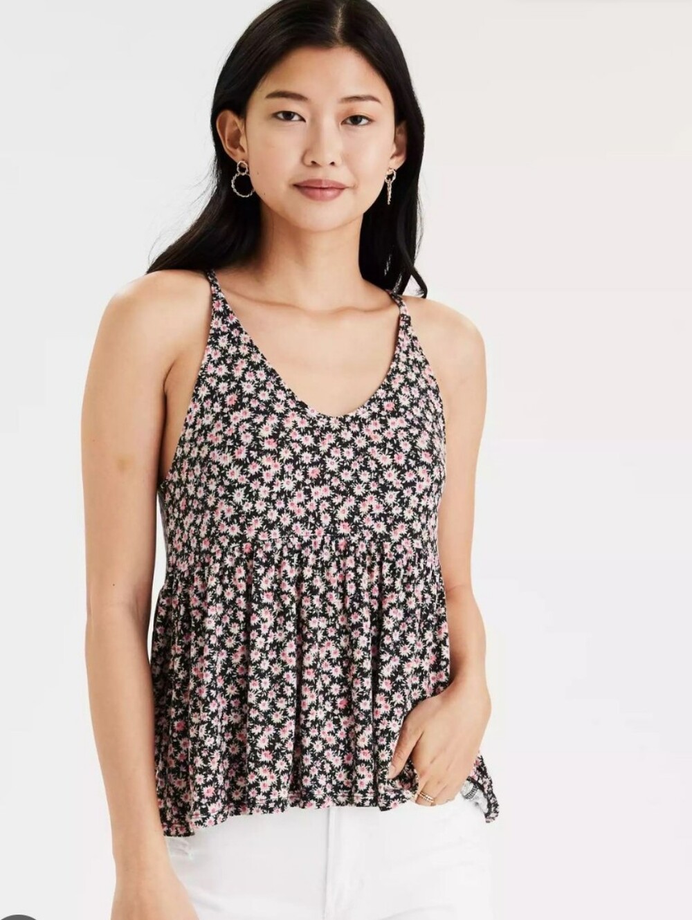 American Eagle Outfitters Floral Peplum Cami Tank Top - Black with Pink Floral